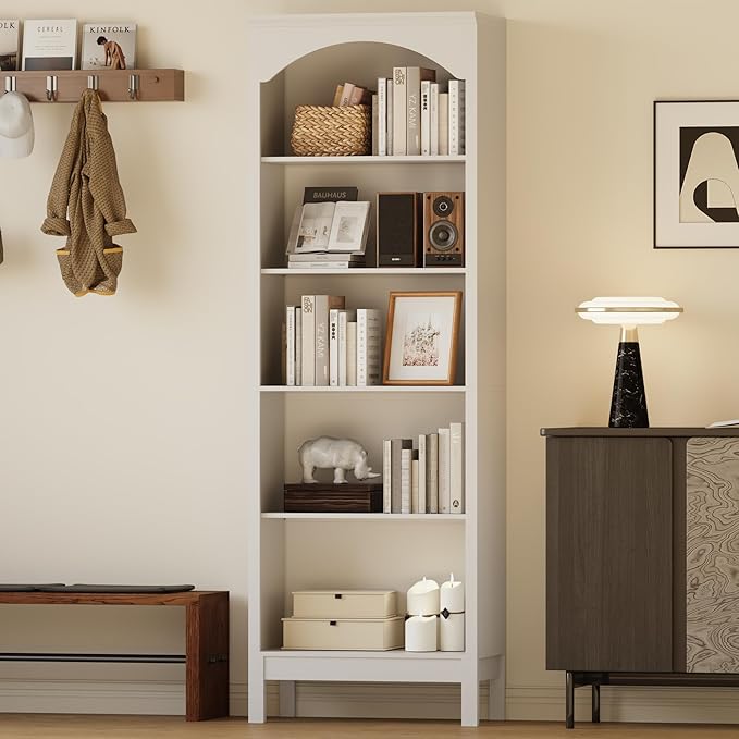 71" H Tall Bookshelf & Bookcase, Farmhouse Arched Book Shelf with 5-Tier Open Shelves, Wooden Bookcase Freestanding Display Bookshelves for Bedroom, Living Room, White