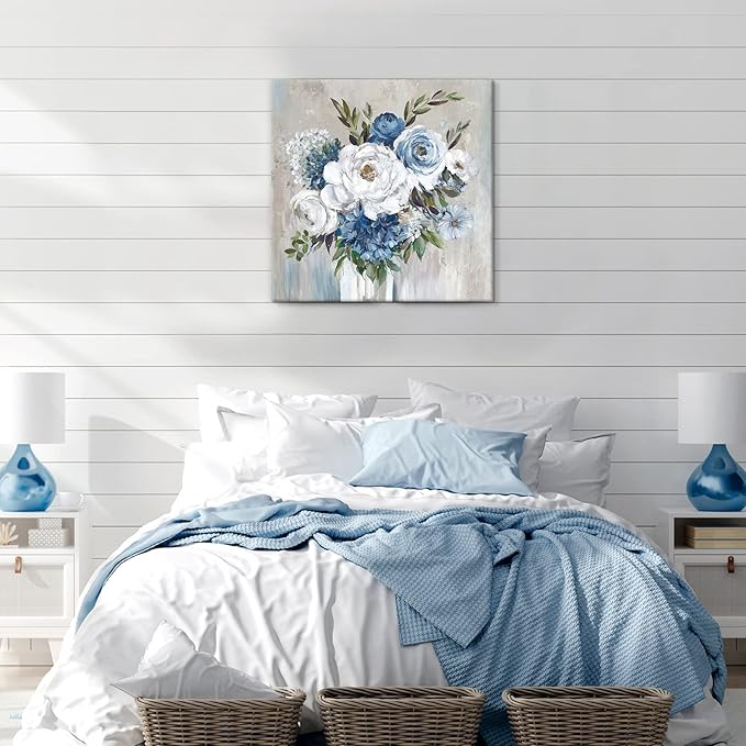 Goldfoilart Blue Flower Wall Art for Living Room White Floral Canvas Pictures Modern Paintings Framed Artwork for Bedroom Bathroom Dining Room Office Wall Decor 24" x 24"