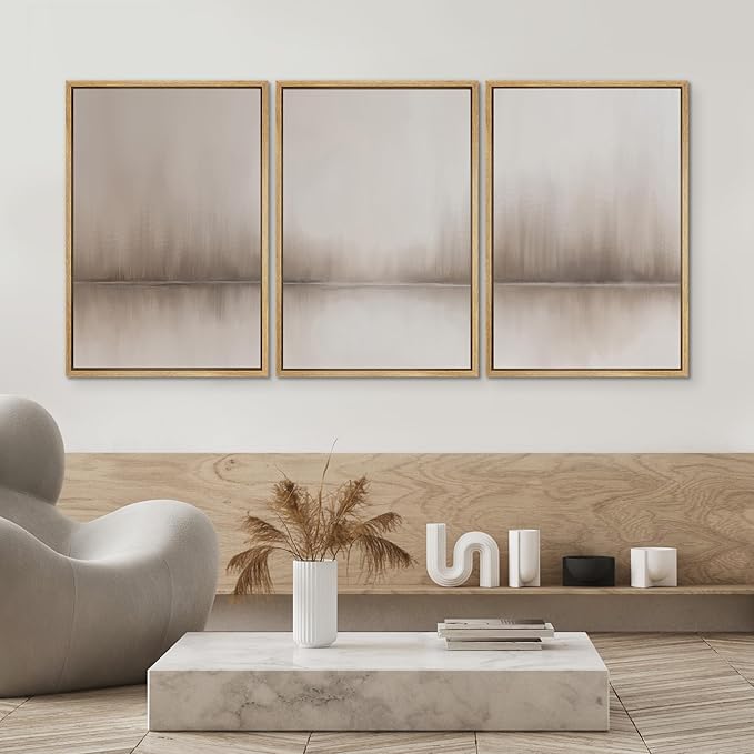 SIGNWIN Framed Canvas Print Wall Art Set Foggy Forest Reflection Tranquil Neutral Abstract Landscape Illustrations Modern Art Decorative Abstract for Living Room, Bedroom, Office - 24"x36"x3 Natural