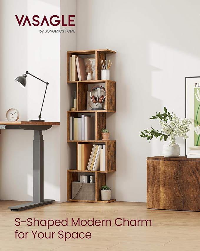 VASAGLE Bookshelf, 5-Tier Bookcase, 9.4 x 15.7 x 62.6 Inches, Storage Shelf with Open Compartments, Modern Style, for Living Room, Bedroom, Office, Rustic Brown ULBC462K01