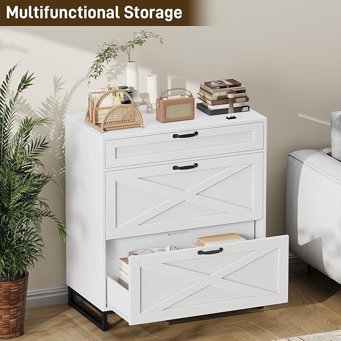 Vabches Lateral File Cabinet, Modern Farmhouse File Cabinet with 3 Drawers for Legal/Letter/A4 Size Hanging Files, Printer Stand Large Wood Home Office, Office White