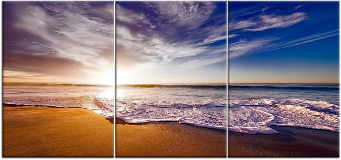 Landscape Wooden Framed Canvas Wall Art Beach Sunset Posters Print Summer Seascape Painting Artwork for Modern Home Living Room Dinning Room Hotel Picture Wall Decoration Ready to Hang [60''W x 28''H]