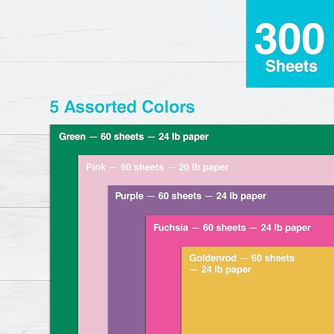 PrintWorks Floral Paper 8.5" x 11" - 300 Sheets - 5 Assorted Colors - Ideal for School & Craft Projects - Made in The USA - 20 lb/75 GSM & 24 lb/89 GSM - Printer Compatible Flower Paper (00607)