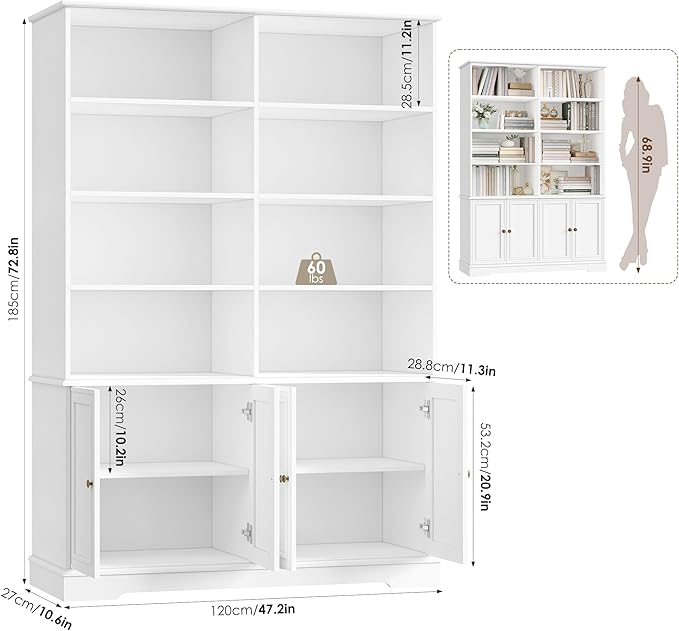 FINETONES 73" White Bookshelf with Doors, 6 Tier Tall Bookshelf Double Wide Bookcases and Bookshelves with Storage, Large Display Cabinets for Home Office,Living Room, Library