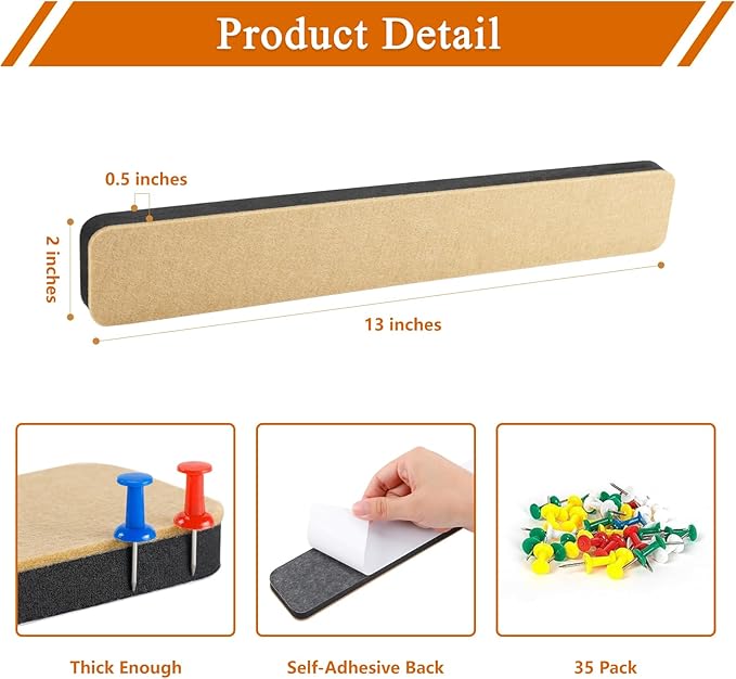 8Pcs Rectangle Felt Cork Board Bar Strips with 35 Pushpins, Self-Adhesive Bulletin Board Strips for Office School Home Wall Decor Stickers Memos Schedules Photos Display -Gradual Green