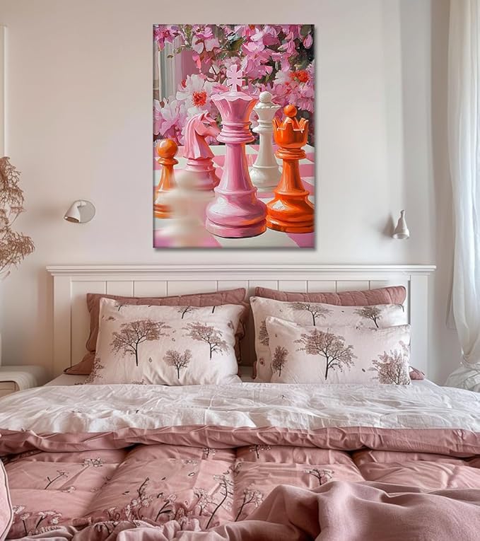 Chess Piece Wall Art - Pink Canvas Paitning Chess Pictures Wall Decor Colorful Chessboard Artwork Trendy Prints Modern Poster for Game Room Bathroom Living Room Bedroom Office, Framed 24"x36"