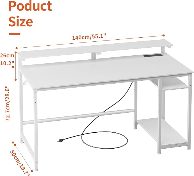 JOISCOPE Home Office Desk with Power Outlets (3AC, USB, Type-C), 55 × 20 Inch Computer Desk with Reversible Shelves, Laptop Table with Display Riser, Gaming Study Drafting Table for Bedroom, White