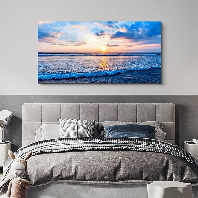 Lapremoly Canvas Wall Art - Large Living Room & Office Decor - Blue Ocean Waves Landscape - Ready To Hang