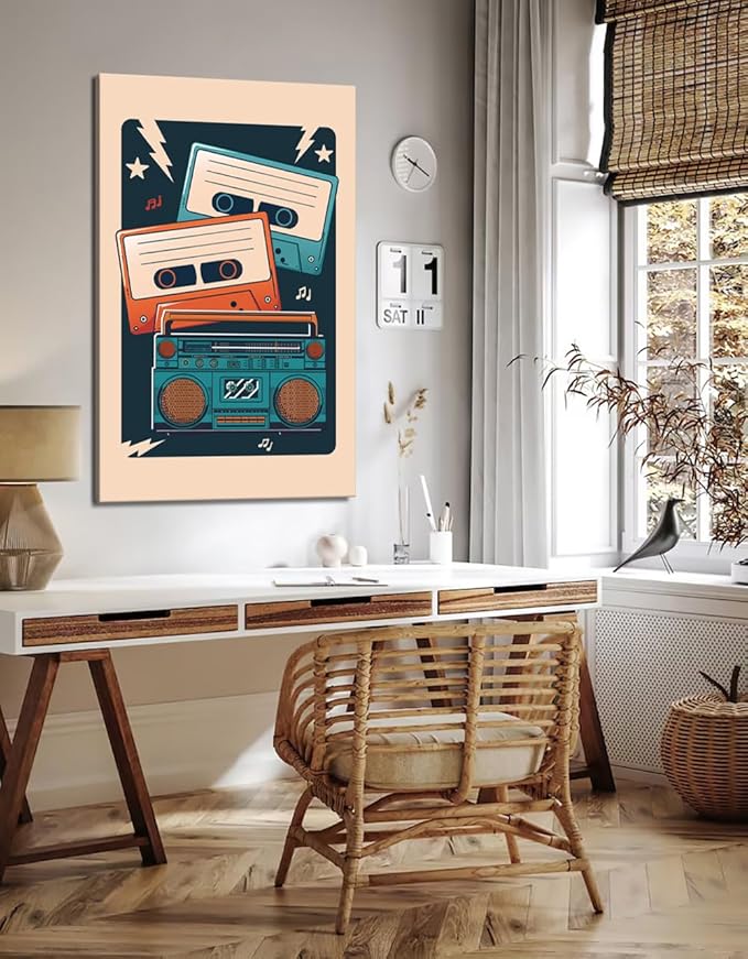 Large Music Wall Art Decor - Vintage Cassette Player Print Poster Musical Picture Wall Decor Retro Music Poster Framed Canvas Artwork for Living Room Bedroom Studio Decoration, Ready to Hang 28" x 44"