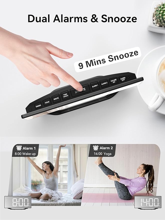 Digital Alarm Clocks for Bedrooms，8.7" LED Mirror Electronic Clocks with 2 USB Charger Ports,7 Levels Brightness & Alarm Volume,Dual Alarms,Snooze,12/24H,Modern Desk Clock for Bedside Home Office