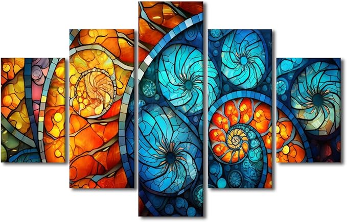 Abstract Wall Art Modern Stained Glass Window Pattern Canvas Art 5 Panel Home Wall Decor for Men Lady Living Room Bedroom Office Wall Canvas Art Decor Stretched and Framed Ready to Hang 60x40 in