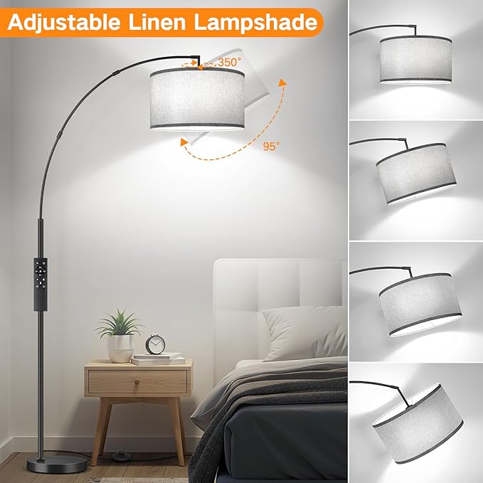 OUTON 81" Arc Floor Lamp, 12W 1080LM LED Dimmable Floor Lamp with 16" Gray Lampshade, Remote Control & Foot Switch, 4 Colour Temperatures, Tall Standing Lamp for Living Room Bedroom Office, Black