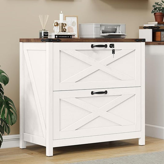 Farmhouse File Cabinet, Lateral Filing Cabinet with 2 Drawers with Lock for Letter/A4 Size Hanging Files, Large Wooden Printer Stand File Storage Cabinet for Home Office, Rustic White