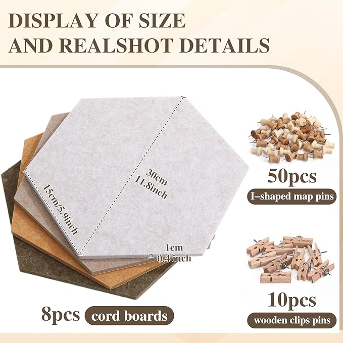 8 Pcs 12" Large Hexagon Felt Cork Bulletin Board Tiles Self Adhesive DIY Pin Board with 50 Push Pins and 10 Colored Clips, Wall Decor for Office Home Kitchen Photos Memos(Burlywood)