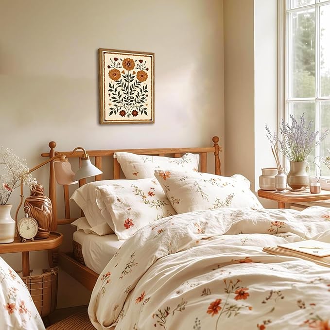 Framed Vintage Mexican Floral Wall Art, Boho Flower Pictures Wall Decor, Folk Marigolds Botanical Paintings Canvas Prints Rustic Home Decor for Living Room Bedroom 12x16 inch