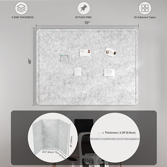 Large Felt Bulletin Board for Wall, 72"x48" Frameless Picture Board, Soft Felt Cork Board for Office, Home Planning & Office Wall Decor, Easy Install Pin Board(Light Grey)