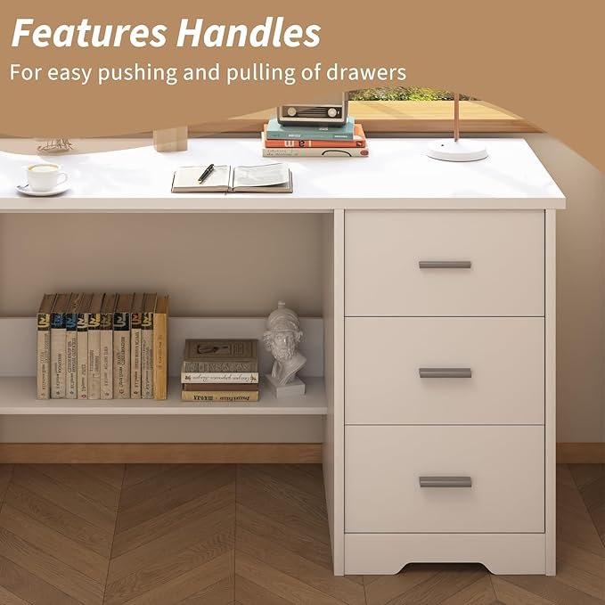 White Desk with Drawers, 47 Inch Computer Desk with 3 Drawers for Bedroom, Study Desk with Drawers for Small Spaces, Bottom Shelves