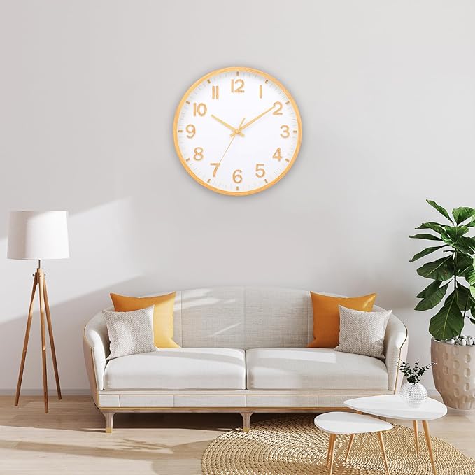 Wall Clocks Battery Operated 12 inch Modern Wall Clock,Silent Non Ticking Wall Clock for Living Room Bedroom Kitchen Office Classroom Decor (Wood Grain Yellow White)