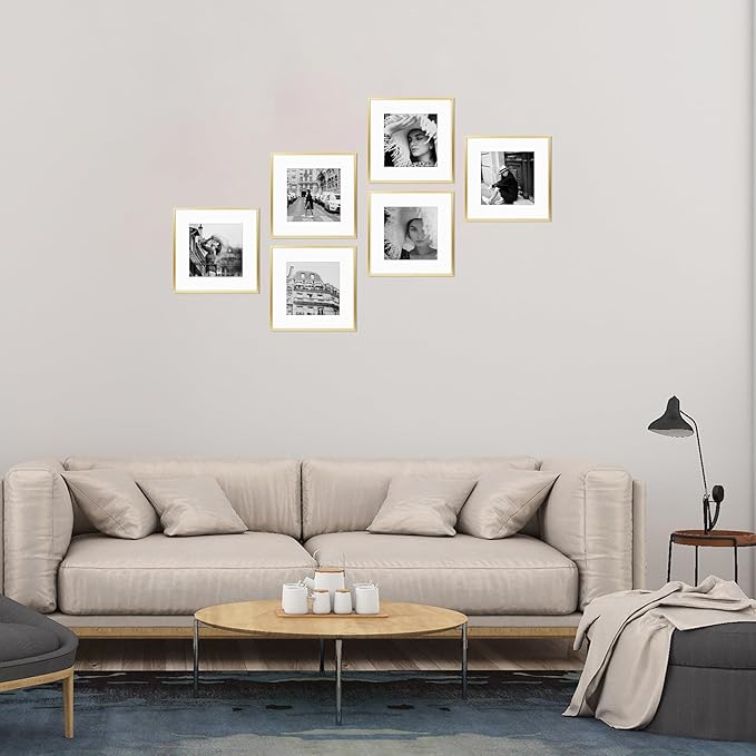 Golden State Art, Gallery Wall Frame Set of 6 - Gold 12x12 Aluminum Photo Frames with Mat for 8x8 Pictures - 12 x 12 inch Metal Frame with Real Glass Cover - Elegant Home or Office Decor