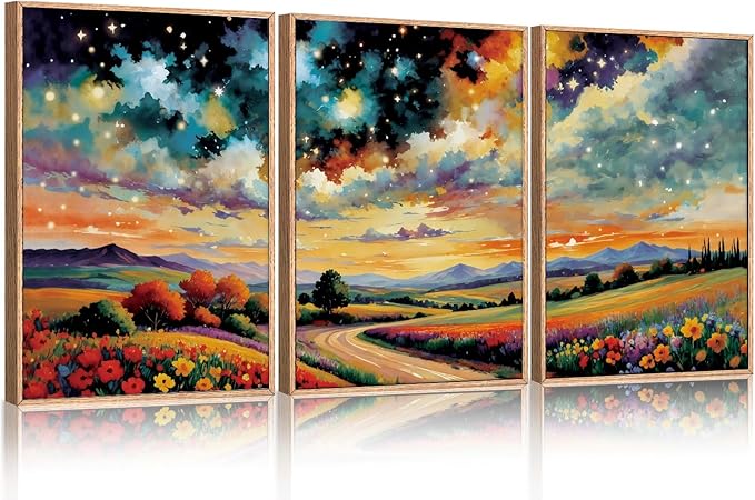 Large Abstract Mountain Flower Framed Canvas Wall Art,Colorful Starry Night Wall Decor,Retro Natural Wildflower Wall Painting,Field Artwork for Living Room,Bedroom,Dining Room,Office -24"x36"x3