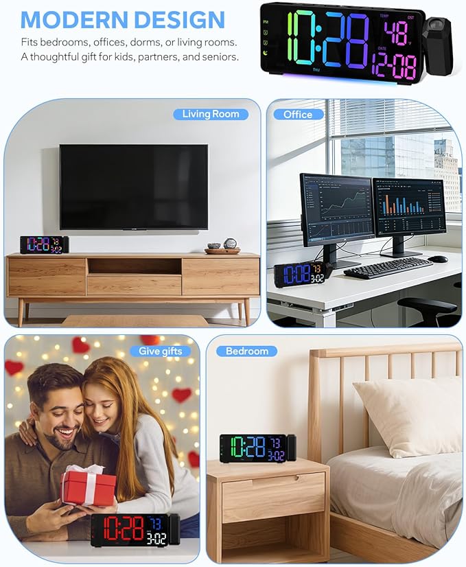 Projection Alarm Clocks, RGB Desk Clock with 180° Rotatable Projector 15 Color Display, Date Temperature and Weekday, DST, Snooze, Ambient Lighting for Living Room,Bedroom Bedside Office Decor
