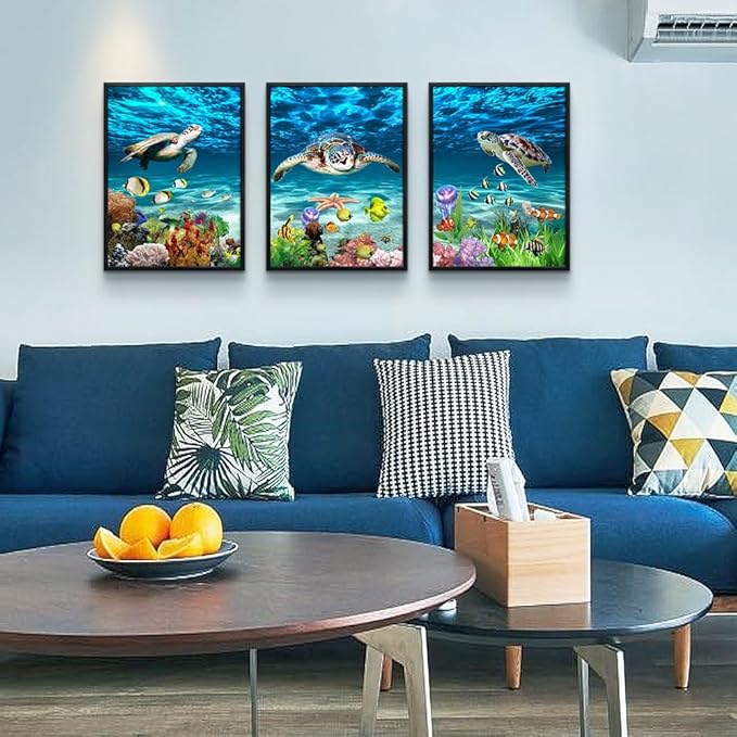 Black Framed Art Prints - Blue Ocean Sea Turtle Wall Art, 3 Piece Set for Living Room, Bedroom, Bathroom & Office Decor
