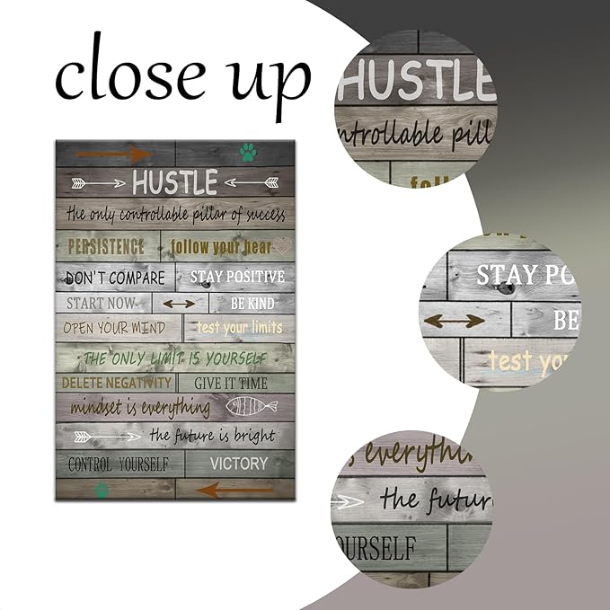 PSYYSP Hustle Sign Motivational Poster Printed on Canvas for Office Wall Decor Inspirational Positive Painting Picture for Home Bathroom Bedroom Classroom Decor Ready to Hang [12''Wx18''H]