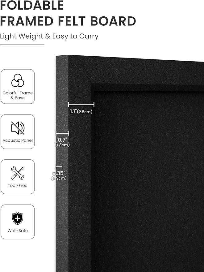 Fluxynara Foldable Cork Board Alternative, Felt Bulletin Board 36" x 24" Black Frame with 24 Adhesive Tabs, Pin Board for Home Office, Classroom, Entryway, Kitchen Wall Decor—Black