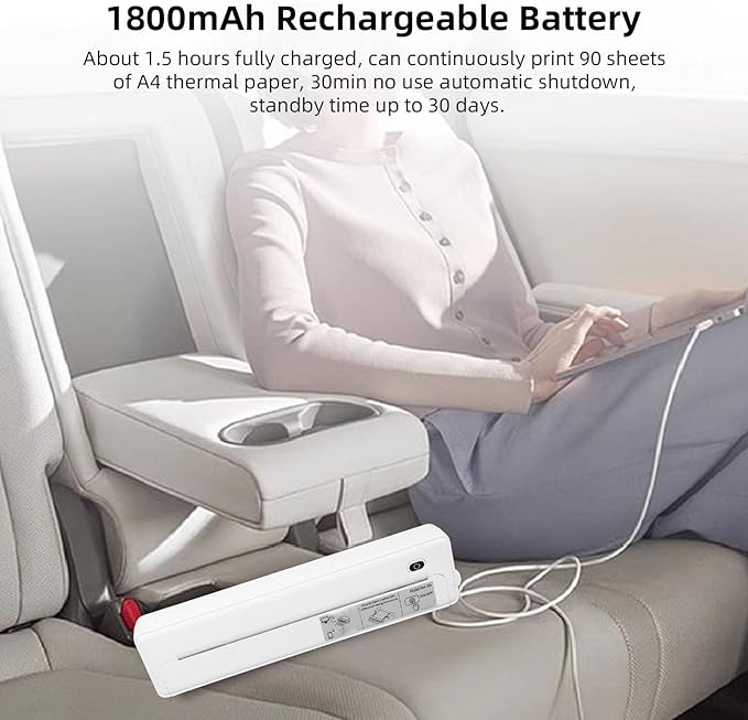 Marhynchus A4 Thermal Printer, Portable Inkless BT Printer with 203DPI High Resolution and 1800mAh Battery, for Office Car Home Use