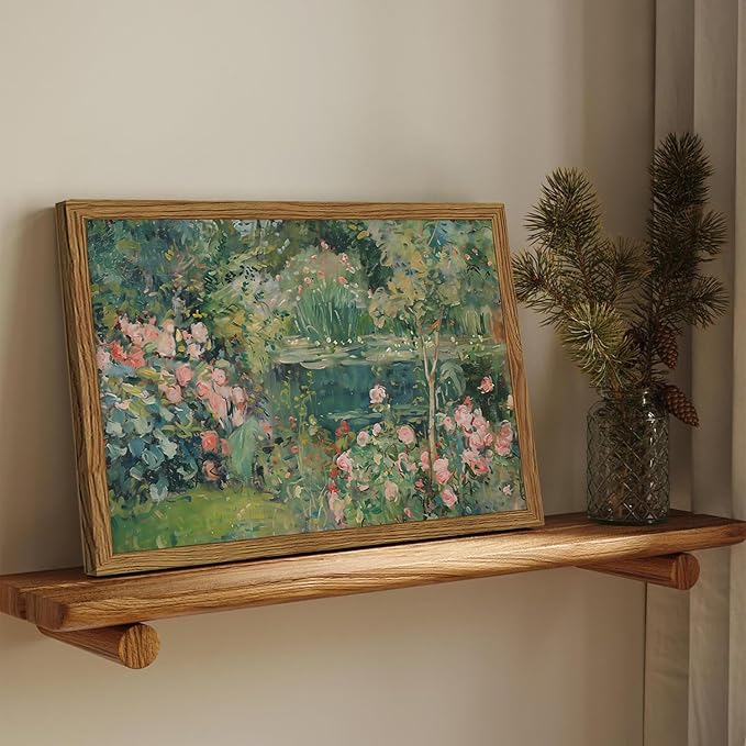 Framed Vintage Floral Landscape Canvas Wall Art, Rose Garden Pond Wall Decor Paintings, Rustic Cottagecore Nature Plant Pictures Prints Aesthetic Home Decor for Living Room Bedroom Bathroom 12x16 inch