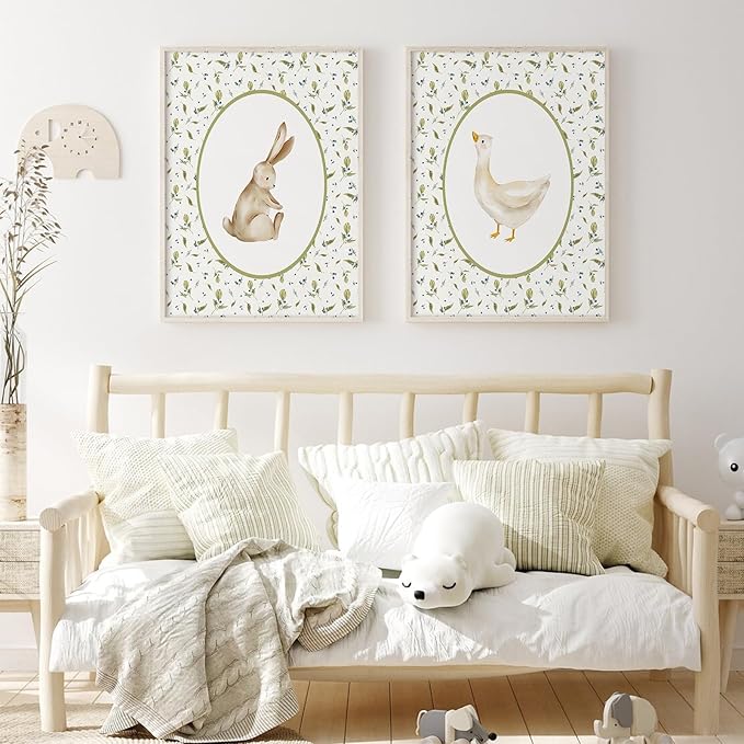 Vintage Nursery Wall Art Cute Goose Canvas Poster Bunny Wall Decor Baby Kids Poster Rabbit Duck Prints Cute Animal Pictures Pale Green Painting Artwork for Gallery Bedroom 16x24 Inch Unframed Set of 2