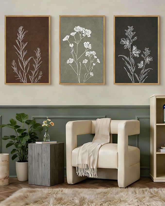 Drsoum Flower Wall Art Vintage Floral Minimalist Wall Hanging Decor Farmhouse Colorful Botanical Prints Artwork for Bedroom Living Room Hallway 24x36in Natural Framed