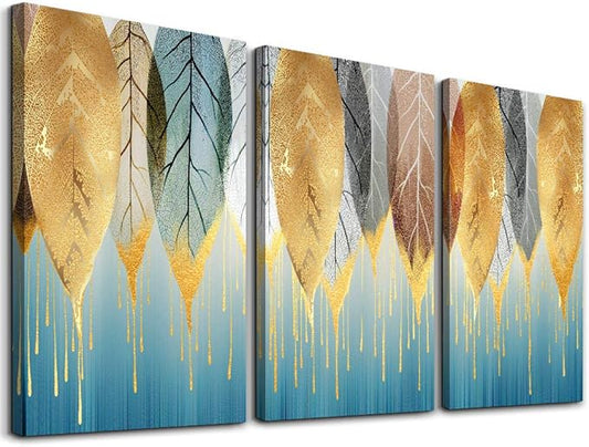 DZRWUBHS Fashion Golden Leaves Abstract Paintings Wall Art for Living Room Family Wall Decor for Bedroom Wall Decorations for Kitchen Canvas Art Hang Pictures Artwork Large Home Decoration 3 Pieces