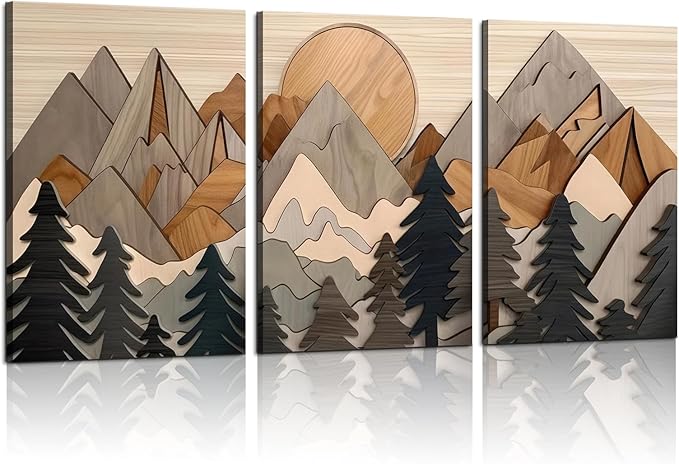 Set of 3 Mountain canvas Wall Art Large Forest Wall Decor pictures Woodcut Wooden Landscape poster Prints Abstract Landscape Nature Painting for Living Room Bedroom Office (16x24in canvas)