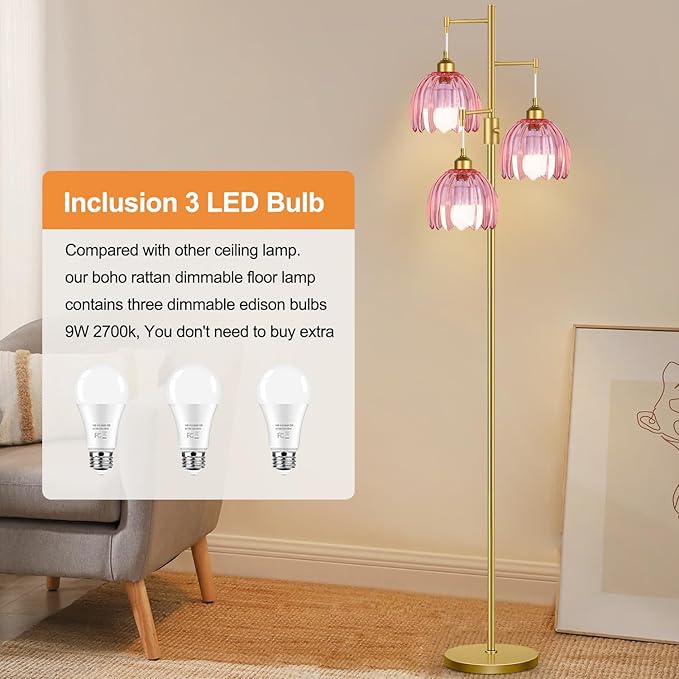 Gold Floor Lamps for Living Room Vintage Pink Floor Lamp with Glass Lmapshape & Three Led Bulb,Dimmable Mid Century Modern Standing Lamp Tall Tree Flower Floor Lamps for Bedroom,Office,Corner