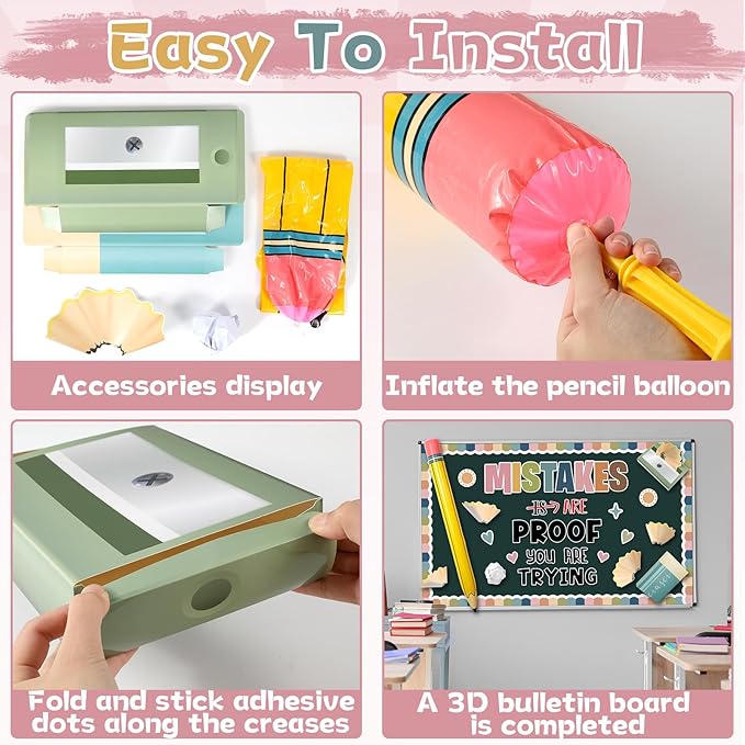 3D Back to School Bulletin Board Set with Pencil Balloon Inspirational Educational Classroom Decor Mistakes are Proof You are Trying Bulletin Board for Teacher Supplies Boho Pencil