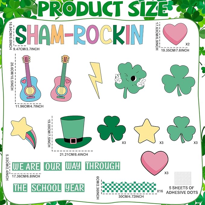 St. Patrick's Day Bulletin Board Set Shamrock Rainbow Paper Cut Outs St. Patrick's Day Classroom Bulletin Board Decoration Hearts Stars Hat Guitars Decor for Party Classroom Chalkboard Wall Decoration