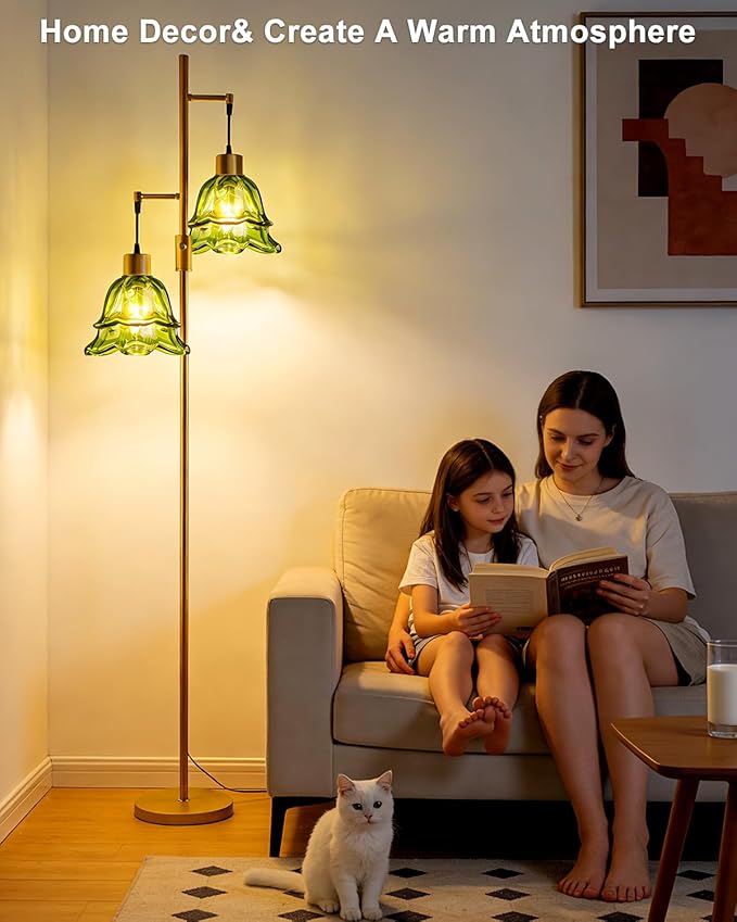 Lightdot 65IN Gold Flower Floor Lamp for Living Room, 2- Light Dimmable Floor Lamps with Green Glass Lampshade, 3000K Warm White Modern Standing Tall Lamp for Bedroom Sofa Beside Corner Decor