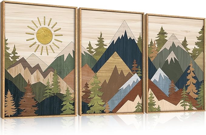 Large Abstract Mountain Woodcut Framed Canvas Wall Art,Vintage Pine Tree Wall Decor,Rustic Nature Forest Painting,Neutral Artwork for Living Room,Bedroom,Dining Room,Farmhouse -16"x24"x3