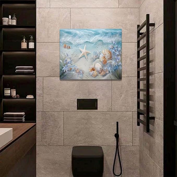 Beach Seashell Bathroom Wall Art Coastal Floral Pictures Wall Decor Flower Starfish Canvas Painting Modern Decoration Artwork for Bathroom Living Room Bedroom Office Framed 20"x16"