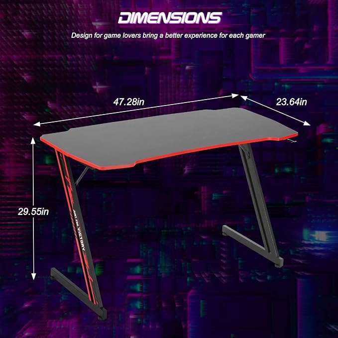 BestOffice Gmaing Desk Z Shaped 47 inch PC Computer Desk Computer Workstation Ergonomic Gaming Table with Headphone Hook for Game Players, Red