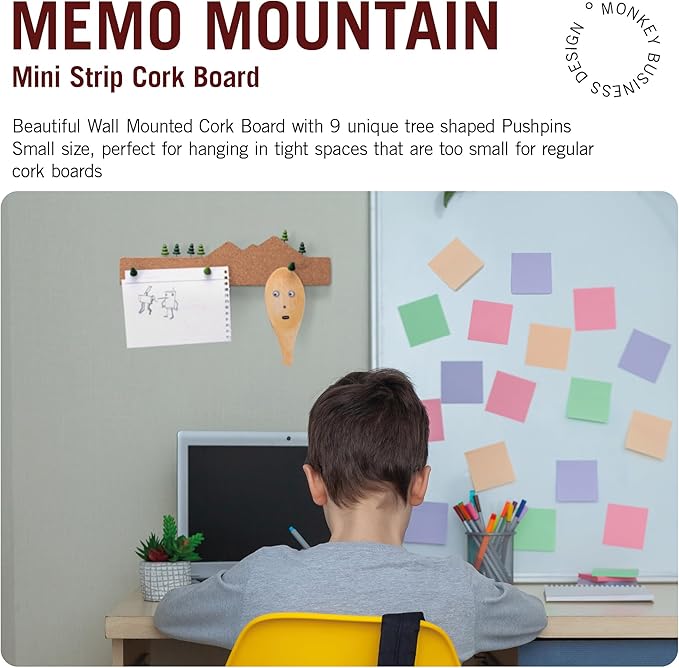 Monkey Business Memo Mountain Cork Board Strip - Corkboard Pin Board with Mountain Scene Pushpins, Office Accessories, Cute Cork Boards for Walls