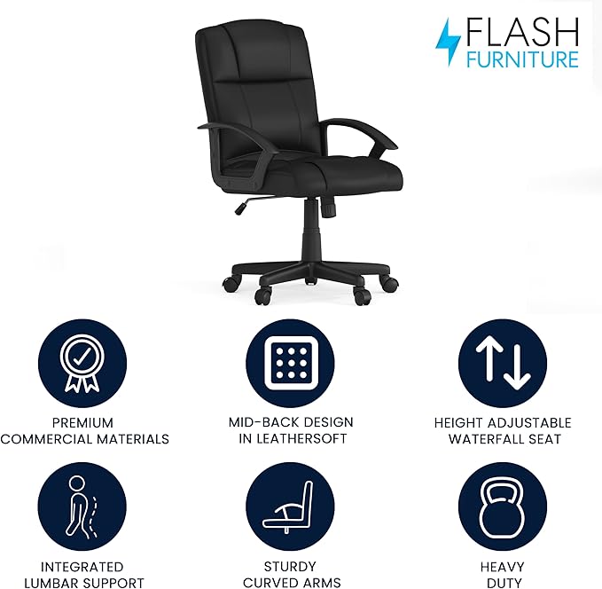Flash Furniture Coffman Flash Fundamentals Mid-Back LeatherSoft Office and Gaming Chair, Ergonomic Office Chair with Padded LeatherSoft Seat and Arms, Black