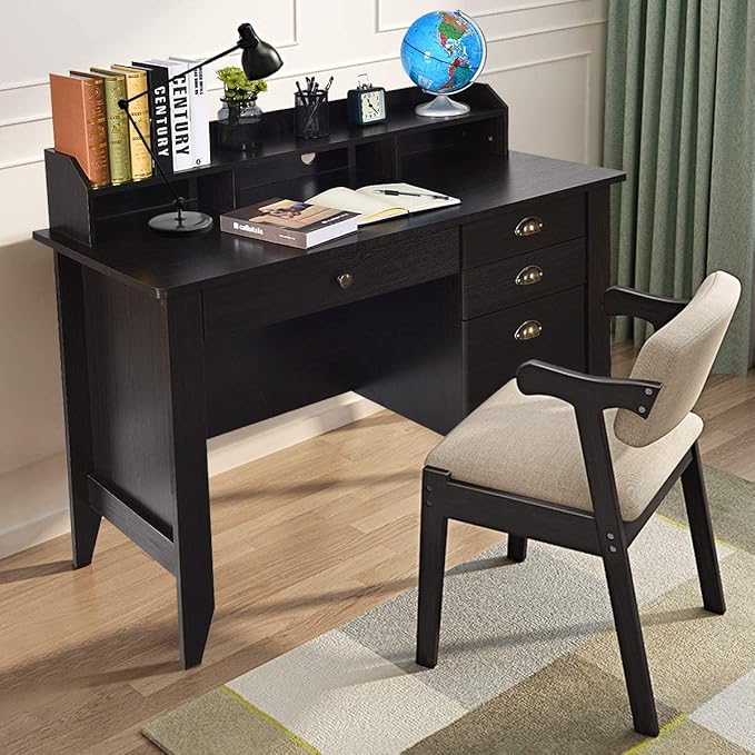 Catrimown Home Office Desk with Drawers and Hutch, Small Computer Desk with File Drawers, Writing Study Teens Student Desk for Bedroom, Student Girls Desks with Storage Shelves, Espresso Brown