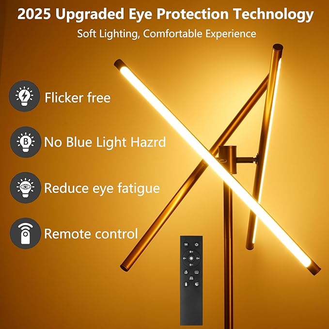 LED Dimmable Floor Lamp with Remote & Foot Switch, 2700–6000K Adjustable Color Temperature & Stepless Dimming, 3-Bar Linear Tall Standing Lamp, Slim Gold Corner Floor Lamp for Living Room Bedroom