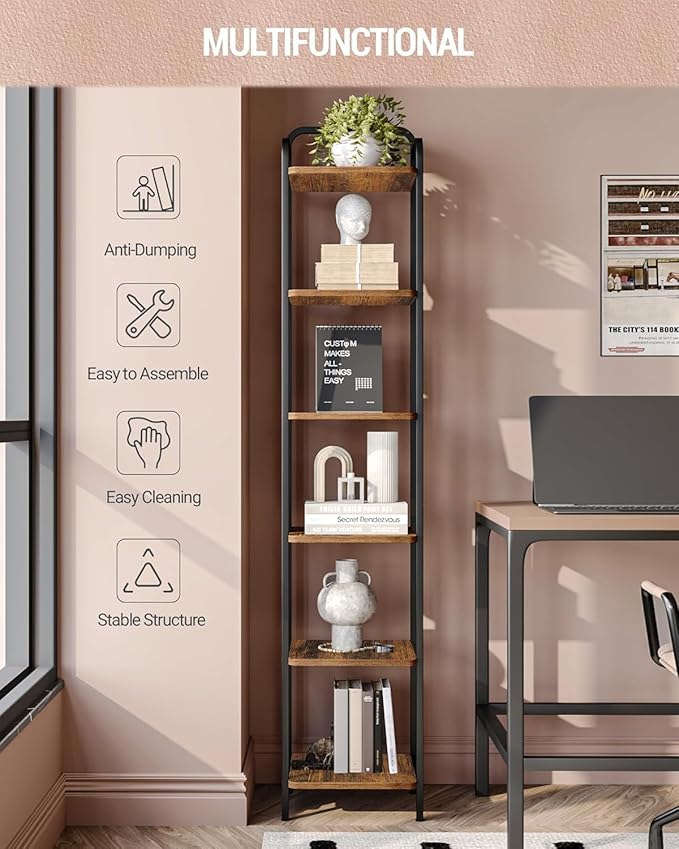 Bookcase Bookshelf, Narrow Book Shelf, Industrial Corner Shelf Storage Organizer, Slim Shelving Unit for Home Office, Living Room, Bedroom, Kitchen, 6-Tier Rustic Brown and Black BC24601B