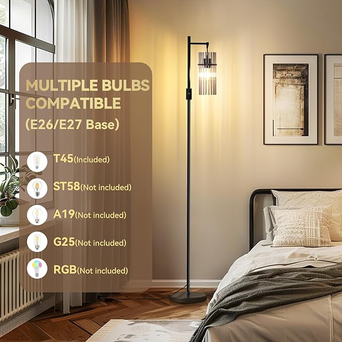 Industrial Modern Floor Lamps for Living Room, Dimmable Glass Tree Standing Tall Lamps with 3 Elegant Teardrop Cage Head & 800 Lumens LED Bulbs for Bedroom Office (66inches Black)