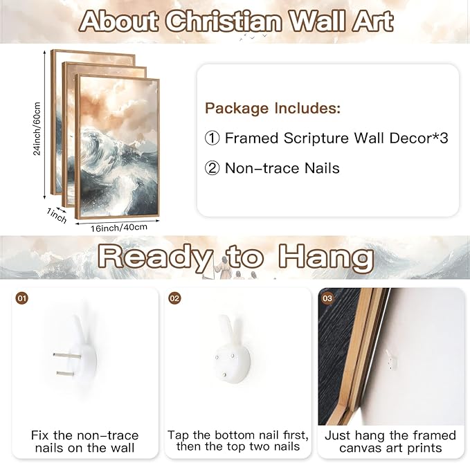 CHDITB Matthew 8:23-34 Jesus Calms The Storm Framed Canvas Wall Art(16"x24"), 3 Panels Watercolor Christian Bible Story Artwork Prints, Large Religious Faith LDS Decor for Home Office Bedroom