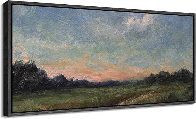 SIGNFORD Extra Large Framed Canvas Quiet Green Field at Dusk Illustrations Modern Art Calm Warm for Living Room, Bedroom, Office - 60"x30"
