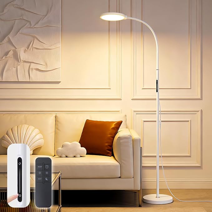 White Bright Floor Lamps with Remote, Touch Control Nursery & Bedroom Lamp, Dimmable Kids Light with Adjustable Color, Gooseneck Standing Lamp for Reading, Living Room, Office, Library, Pharmacy Table